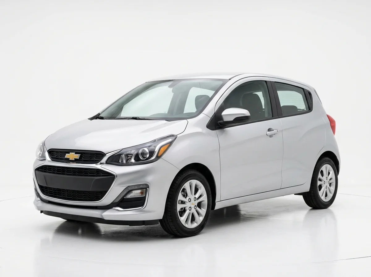 Chevrolet Spark economy hatchback, silver, front three-quarter view on white background, studio lighting, rental fleet photo