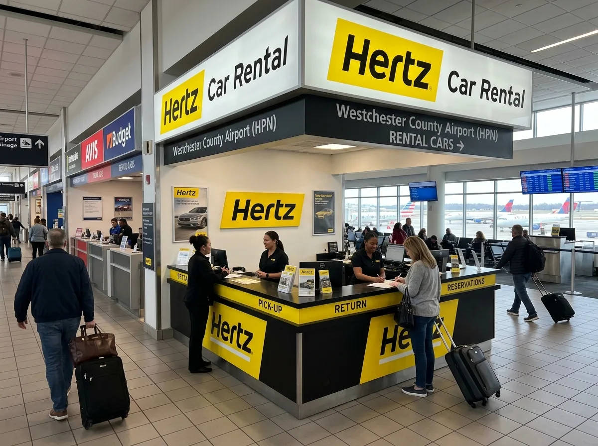 Hertz car rental brand logo, yellow and black, official concession at HPN Westchester County Airport terminal