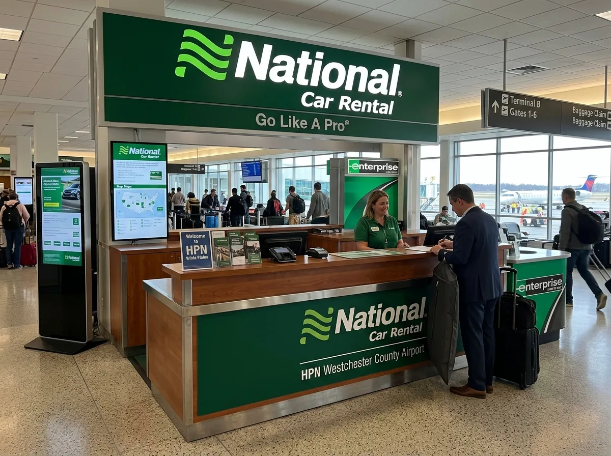 National Car Rental brand logo, green colors, official on-airport concession desk at HPN White Plains airport