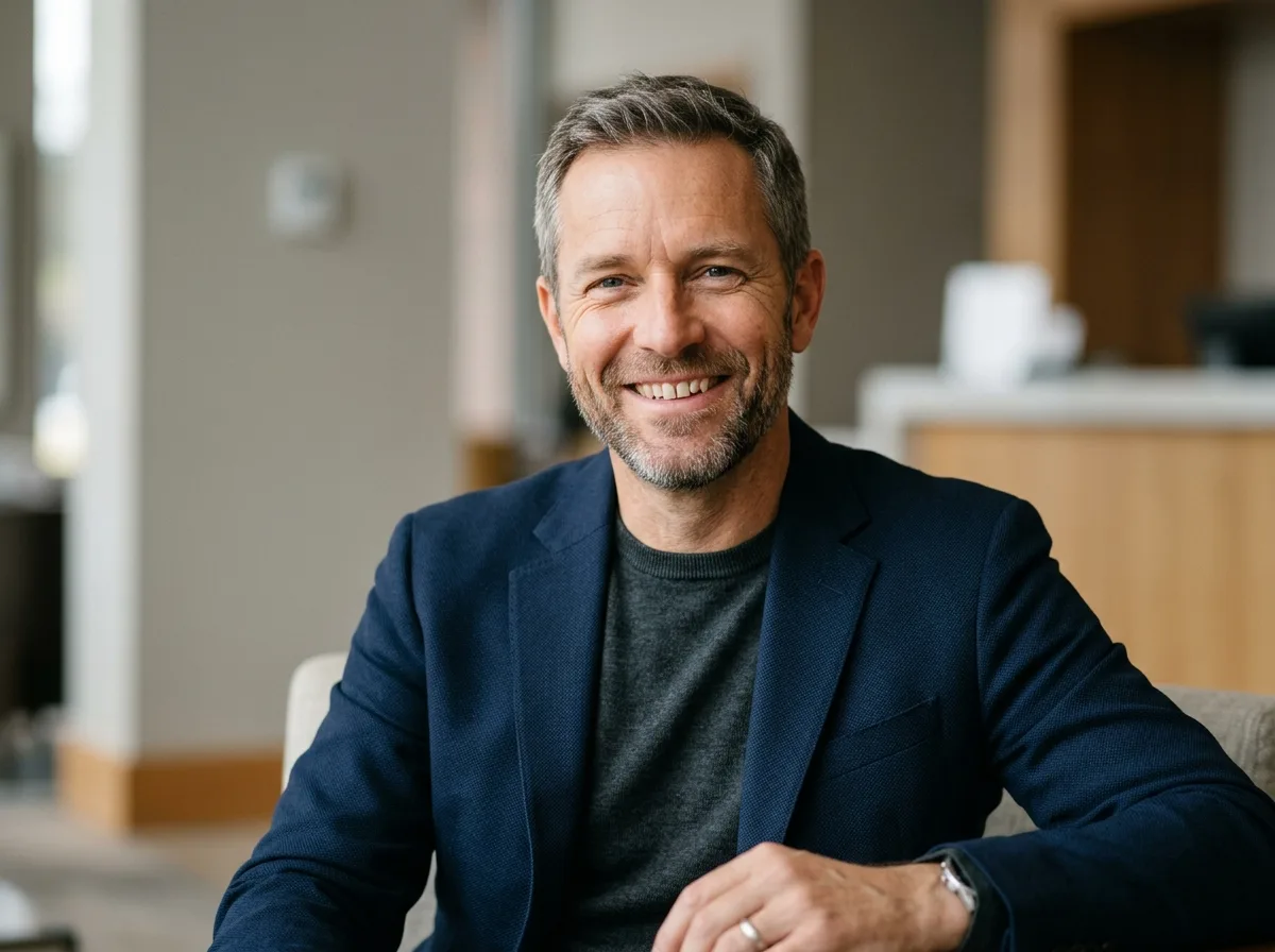 Portrait of satisfied traveler Marcus W, middle-aged professional man smiling, neutral background, review avatar