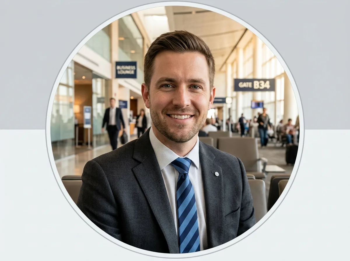 Portrait of business traveler Sean T, male professional in his thirties, confident expression, suit jacket, review avatar photo
