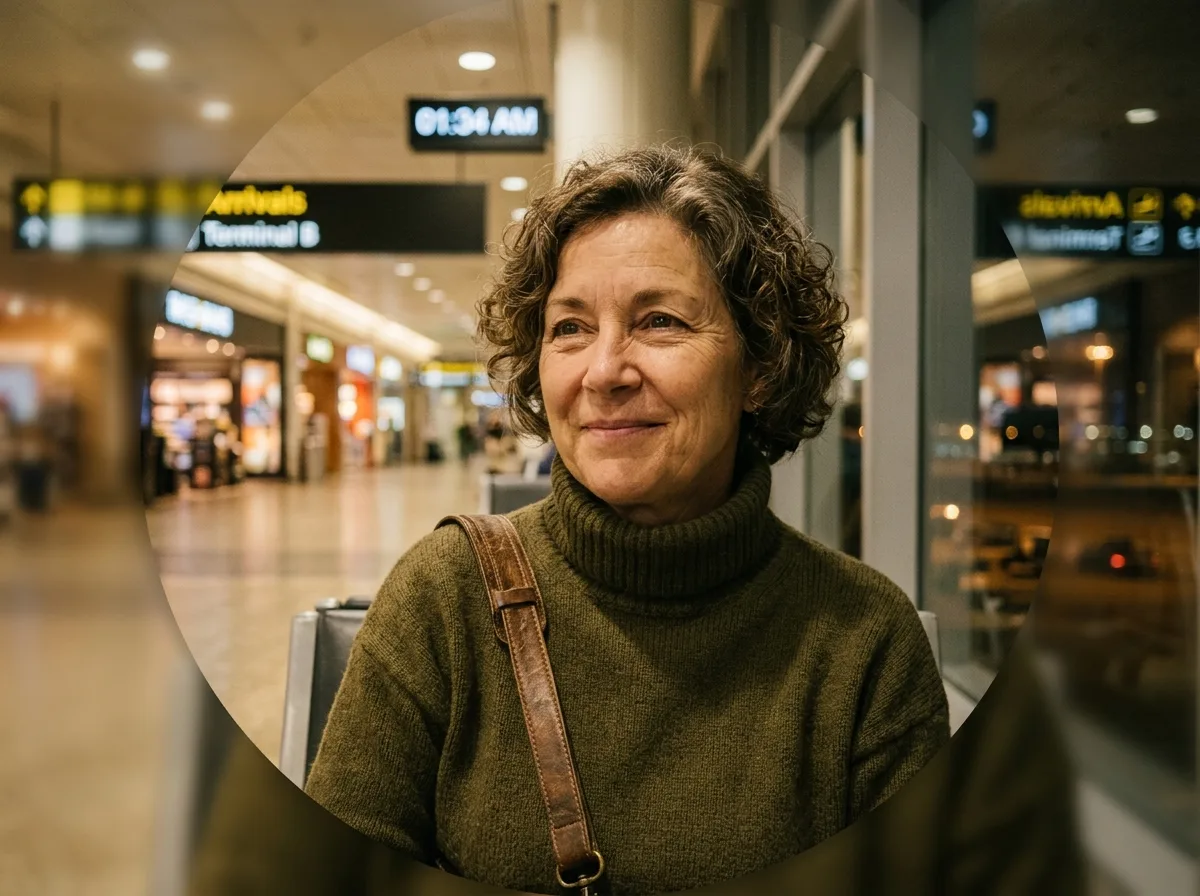 Portrait of late-night traveler Patricia M, woman in her fifties, relaxed expression, night traveler, testimonial avatar