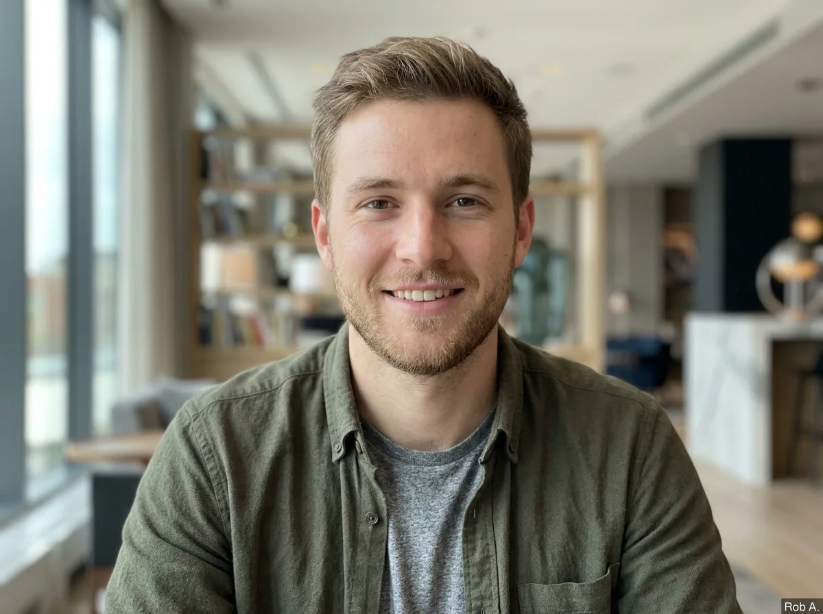 Portrait of deal-savvy traveler Rob A, young male in his late twenties, casual confident look, customer review headshot