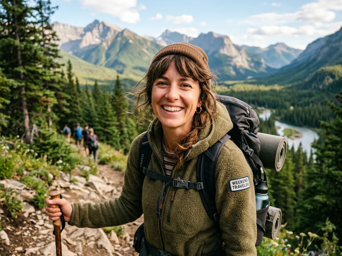 Portrait of weekend traveler Clara B, woman in her thirties, outdoorsy warm look, smiling, testimonial review photo