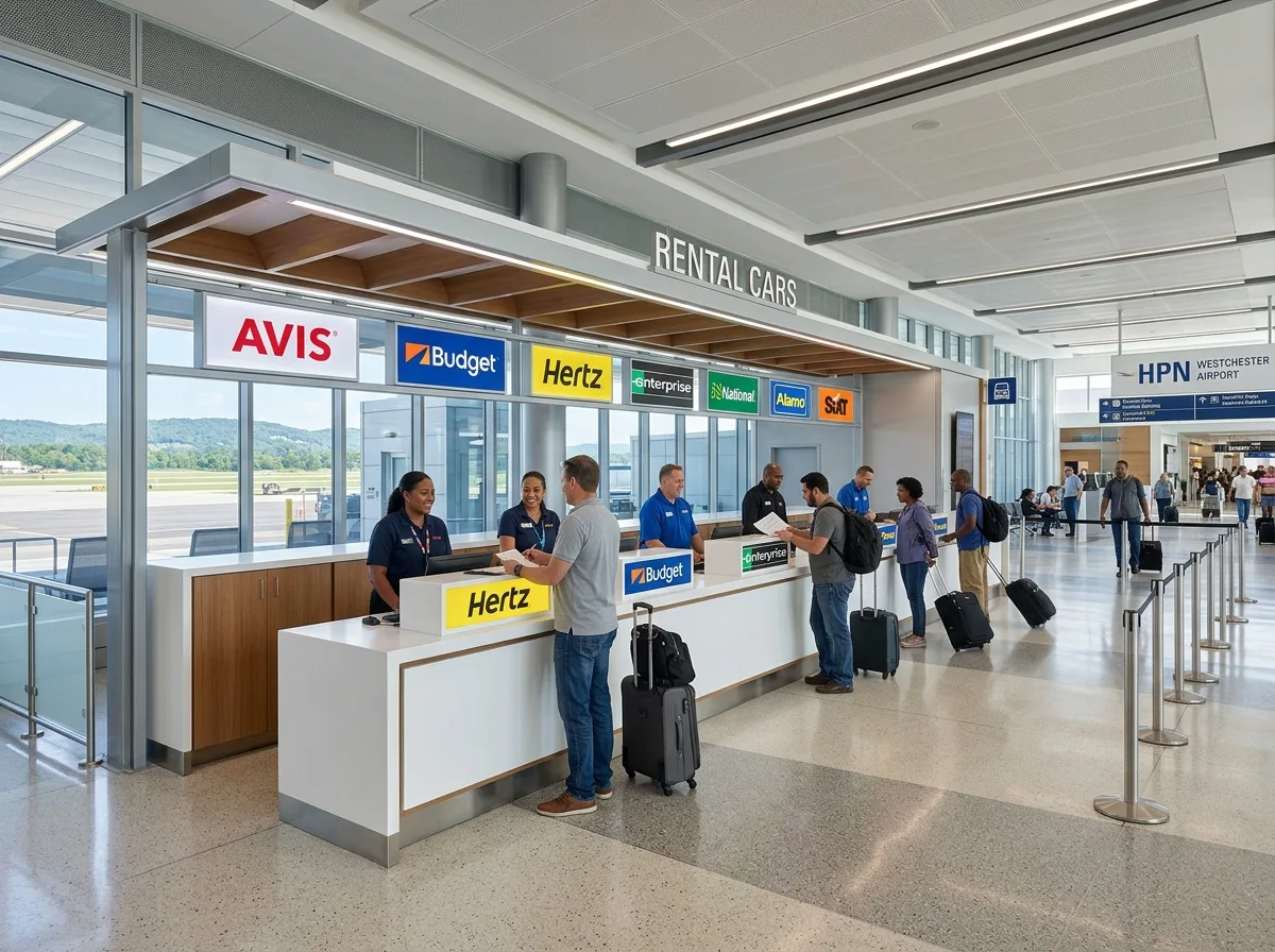 Modern car rental lobby interior at Westchester County Airport HPN, clean white counters, multiple brand signage, professional staff, bright airport lighting